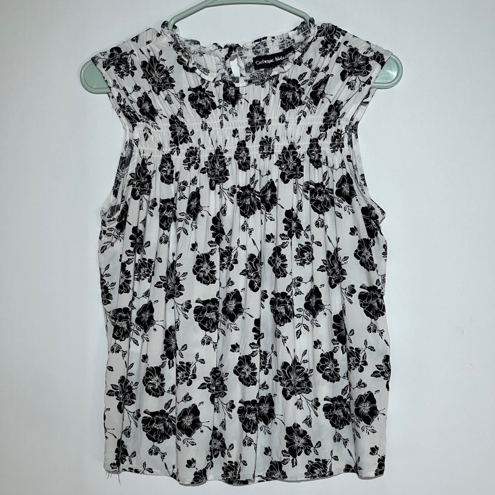 Catherine Malandrino Floral Smocked Sleeveless Blouse White Black Rayon Large